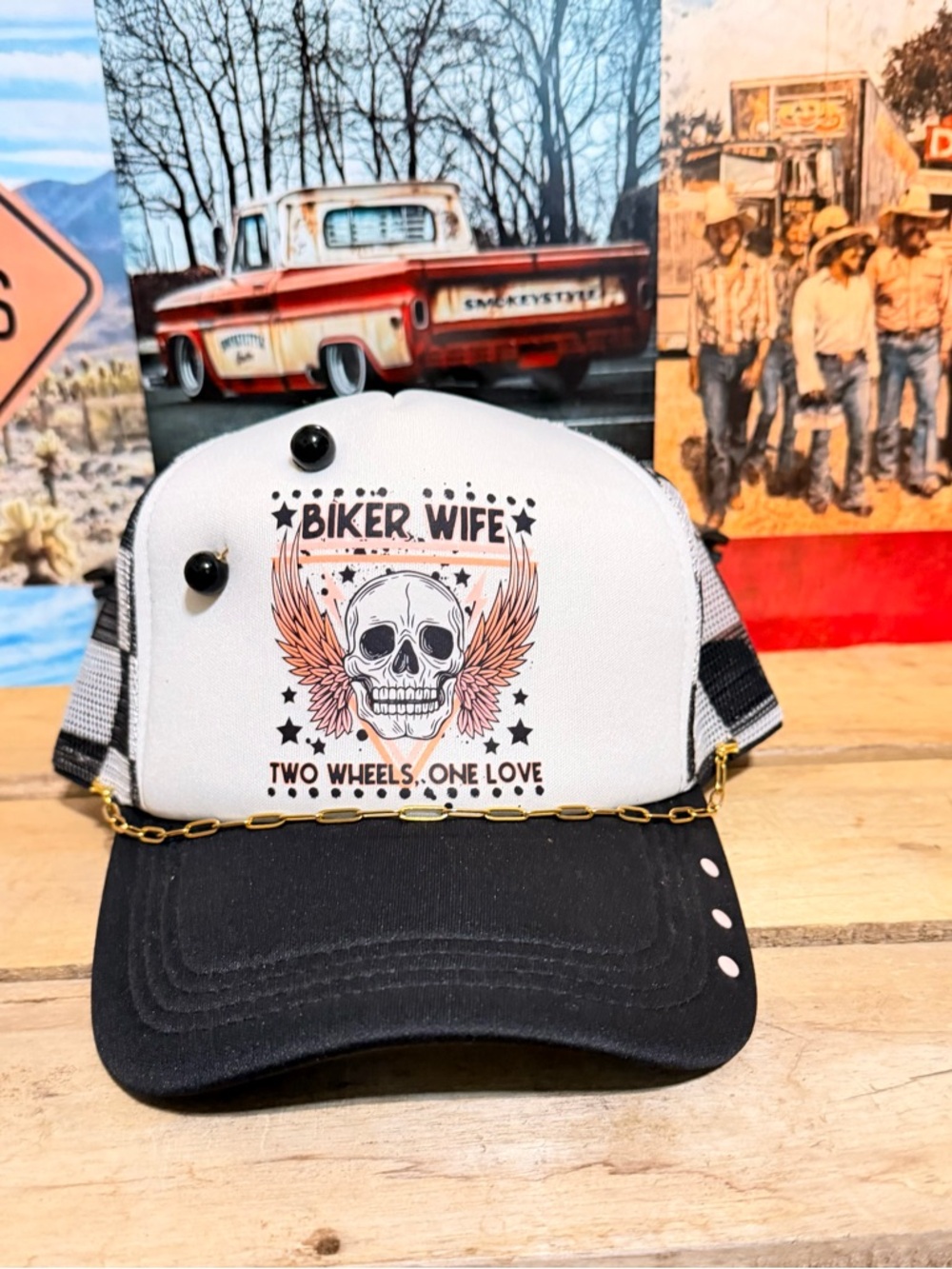 Biker Wife Skull Trucker Hat - White & Black